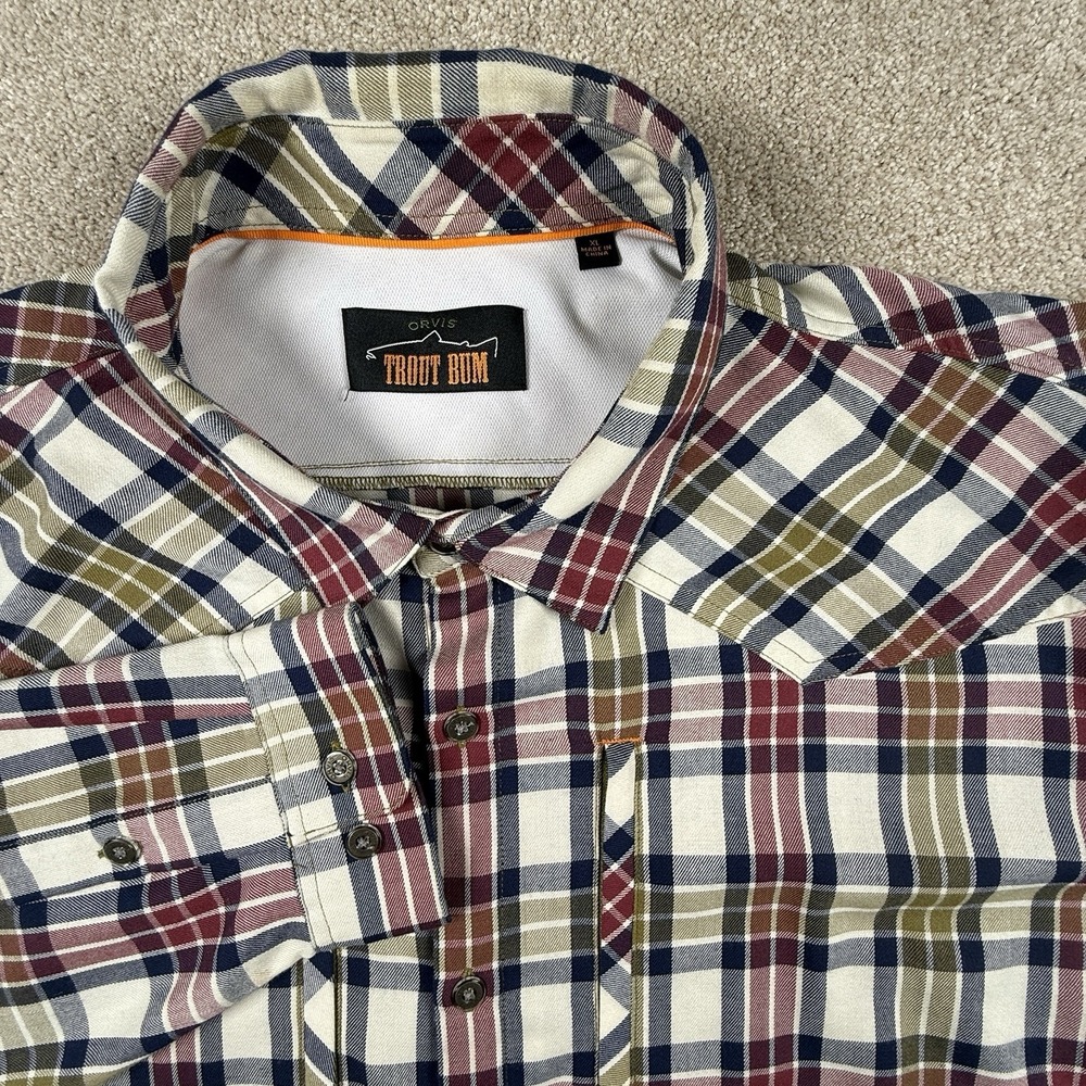 Orvis Trout Bum Button Down Shirt Mens XL Plaid Long‎ Sleeve Zip Pockets